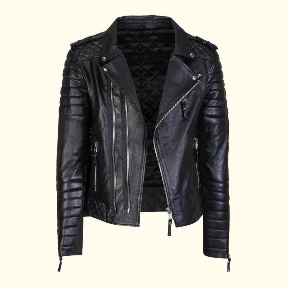 Black Leather Quilt Design Slim Fit Biker Jacket for Men - TheBougees