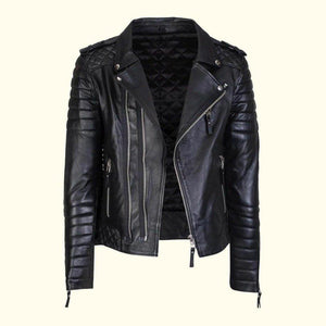 Black Leather Quilt Design Slim Fit Biker Jacket for Men - TheBougees