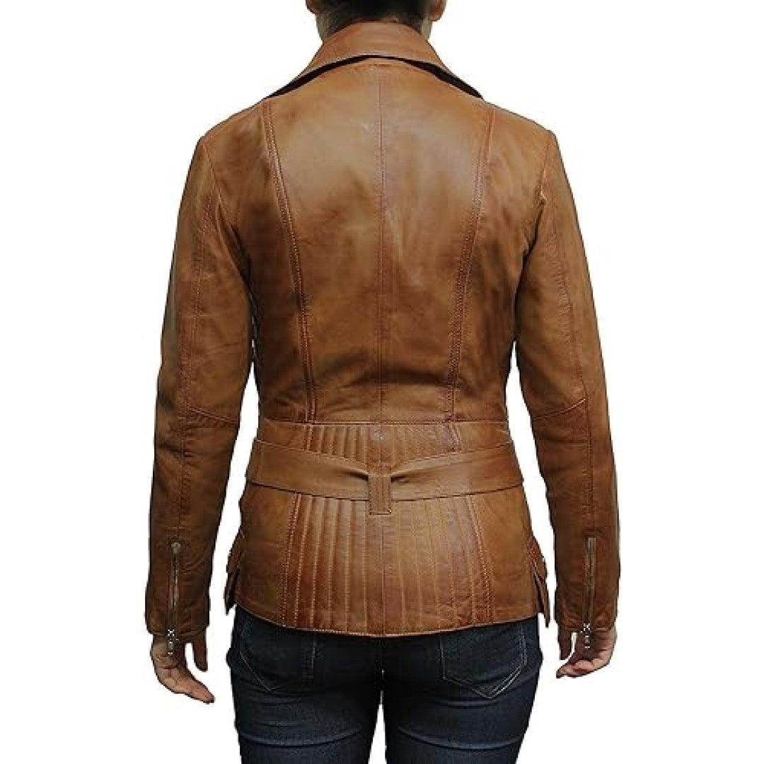 Leather Jacket Women With Stylish Side Zip Closer And Belted Waist - TheBougees