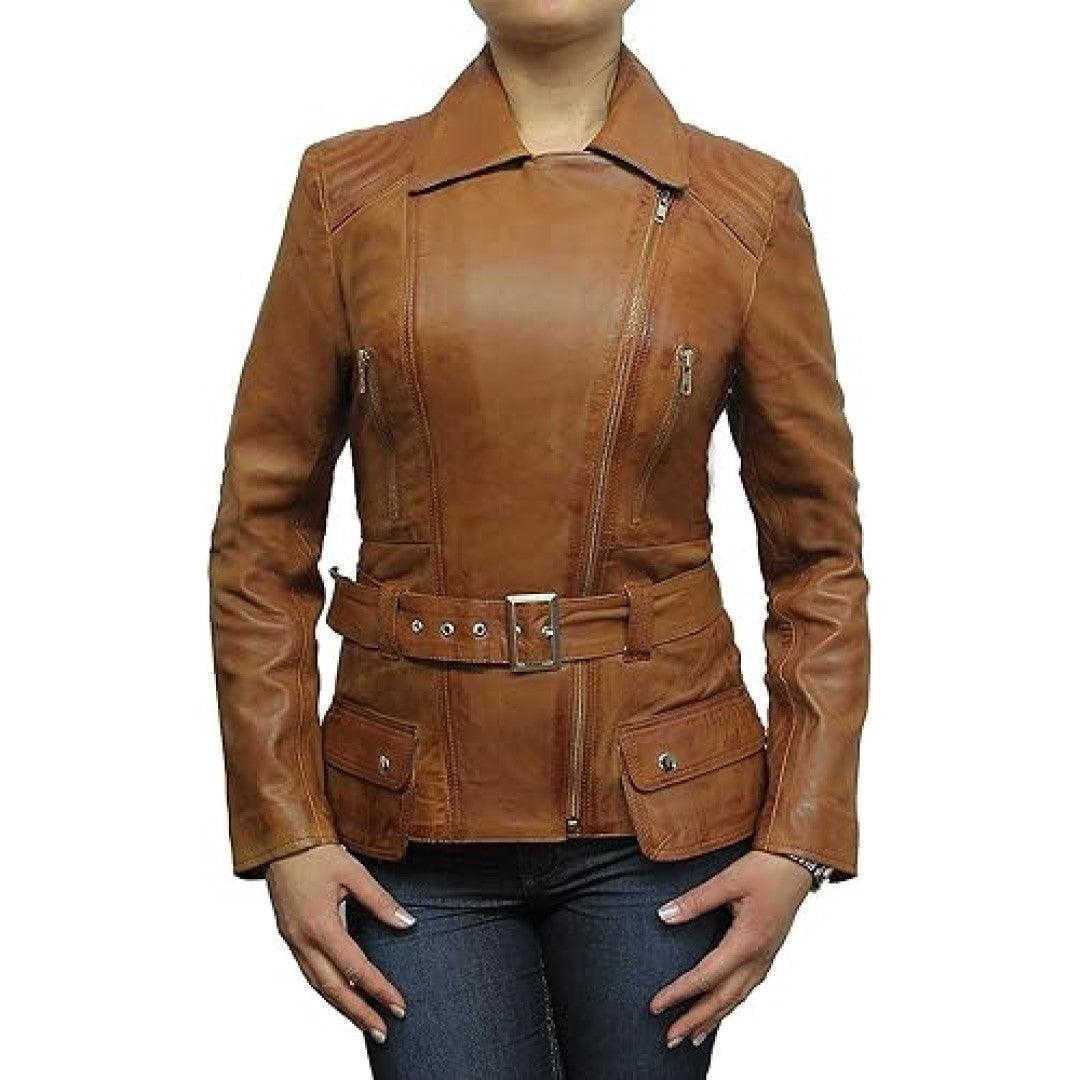 Leather Jacket Women With Stylish Side Zip Closer And Belted Waist - TheBougees