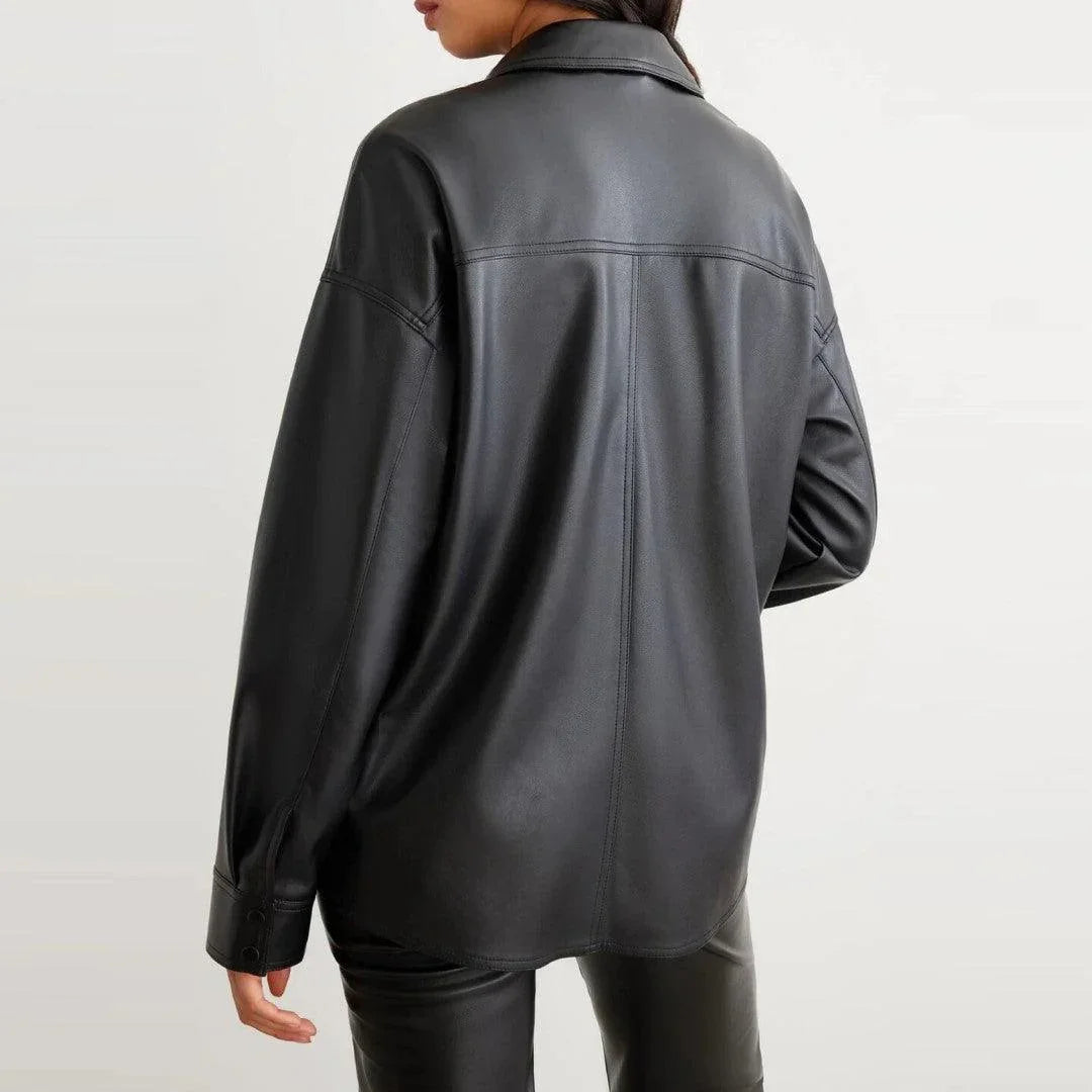 Pure Leather Shirt For Women In Black With Full Button Closer - TheBougees