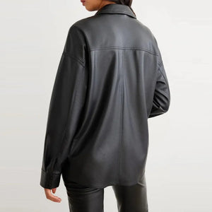 Pure Leather Shirt For Women In Black With Full Button Closer - TheBougees