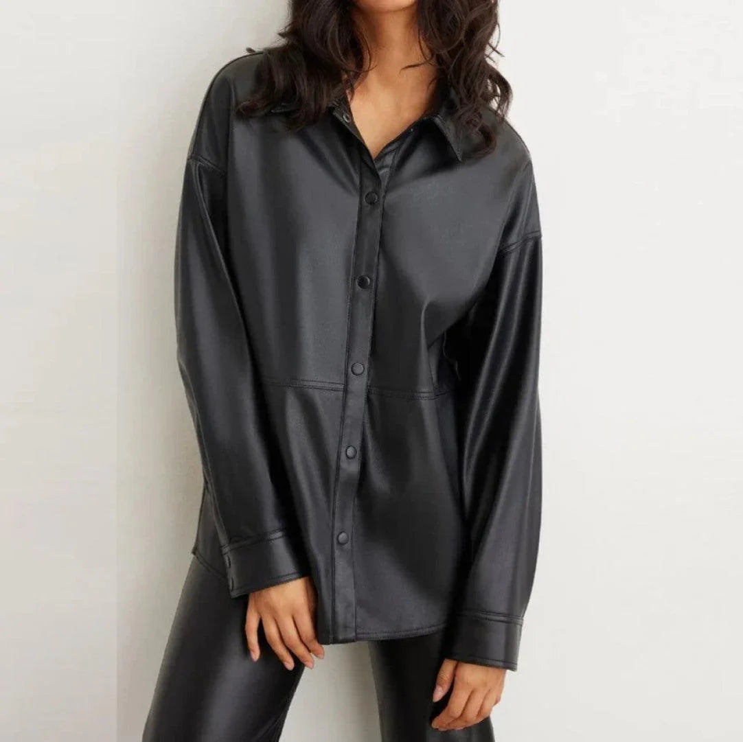 Pure Leather Shirt For Women In Black With Full Button Closer - TheBougees