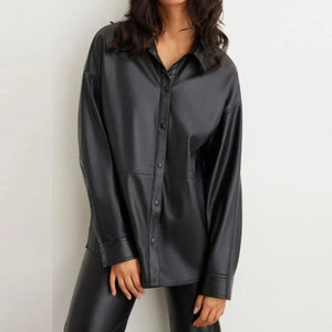 Pure Leather Shirt For Women In Black With Full Button Closer - TheBougees