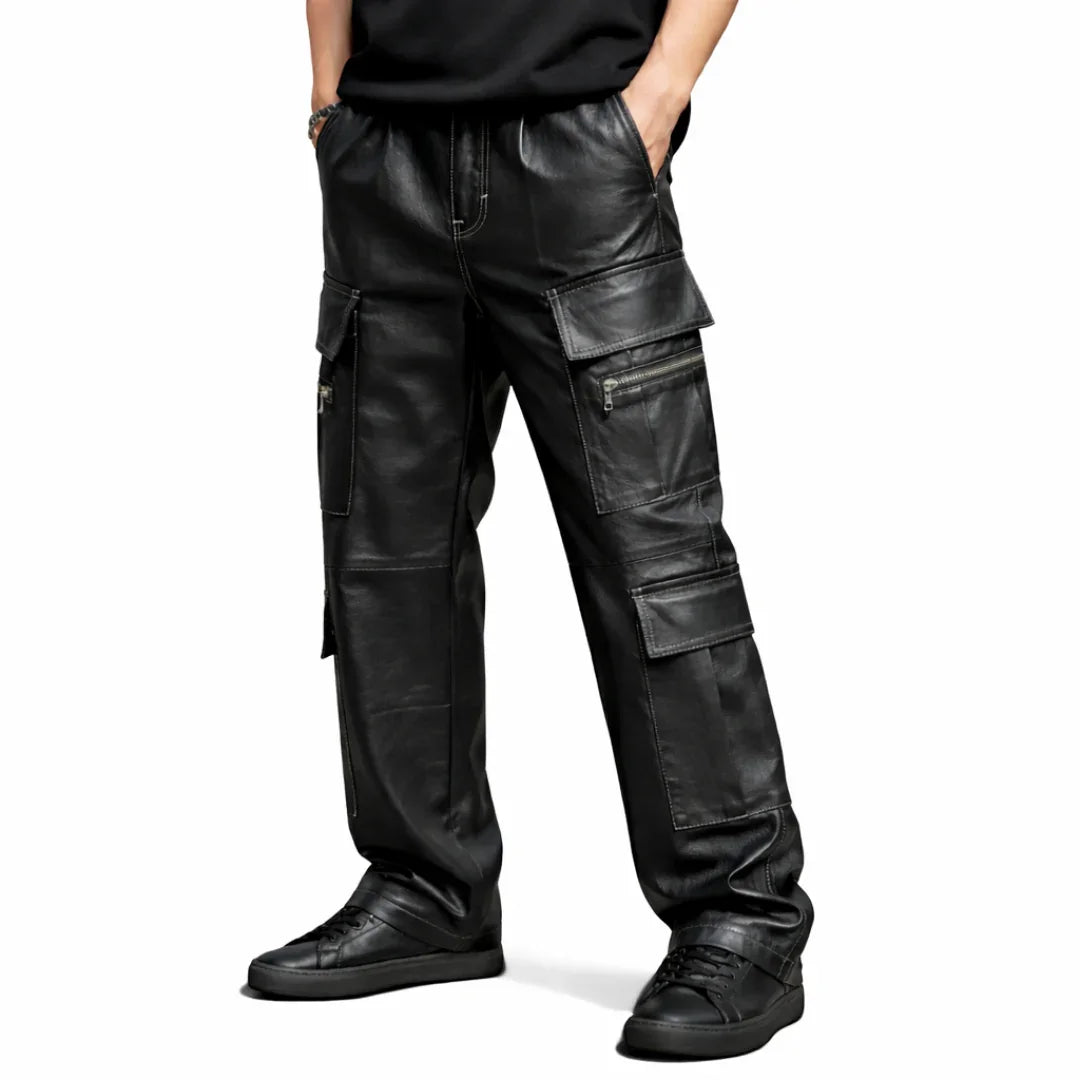 Men's black lambskin leather cargo pants with multiple pockets and relaxed fit