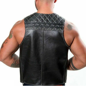 Black Quilted Leather Bar Vest For Men - TheBougees