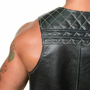 Black Quilted Leather Bar Vest For Men - TheBougees