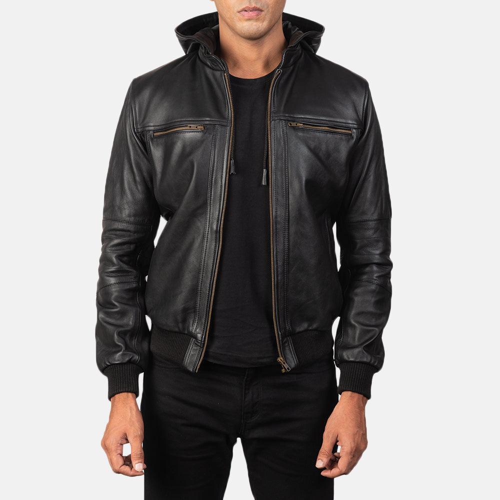 Black Bomber Leather Jacket hooded - The Bougees - TheBougees