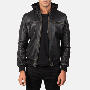 Black Bomber Leather Jacket hooded - The Bougees - TheBougees
