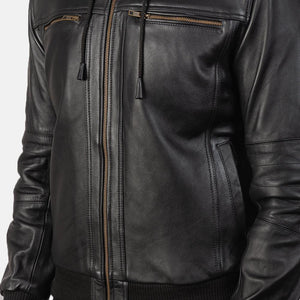 Black Bomber Leather Jacket hooded - The Bougees - TheBougees