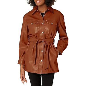 Brown Leather Shirt For Women With Full Zip And Hook&Loop Closer - TheBougees