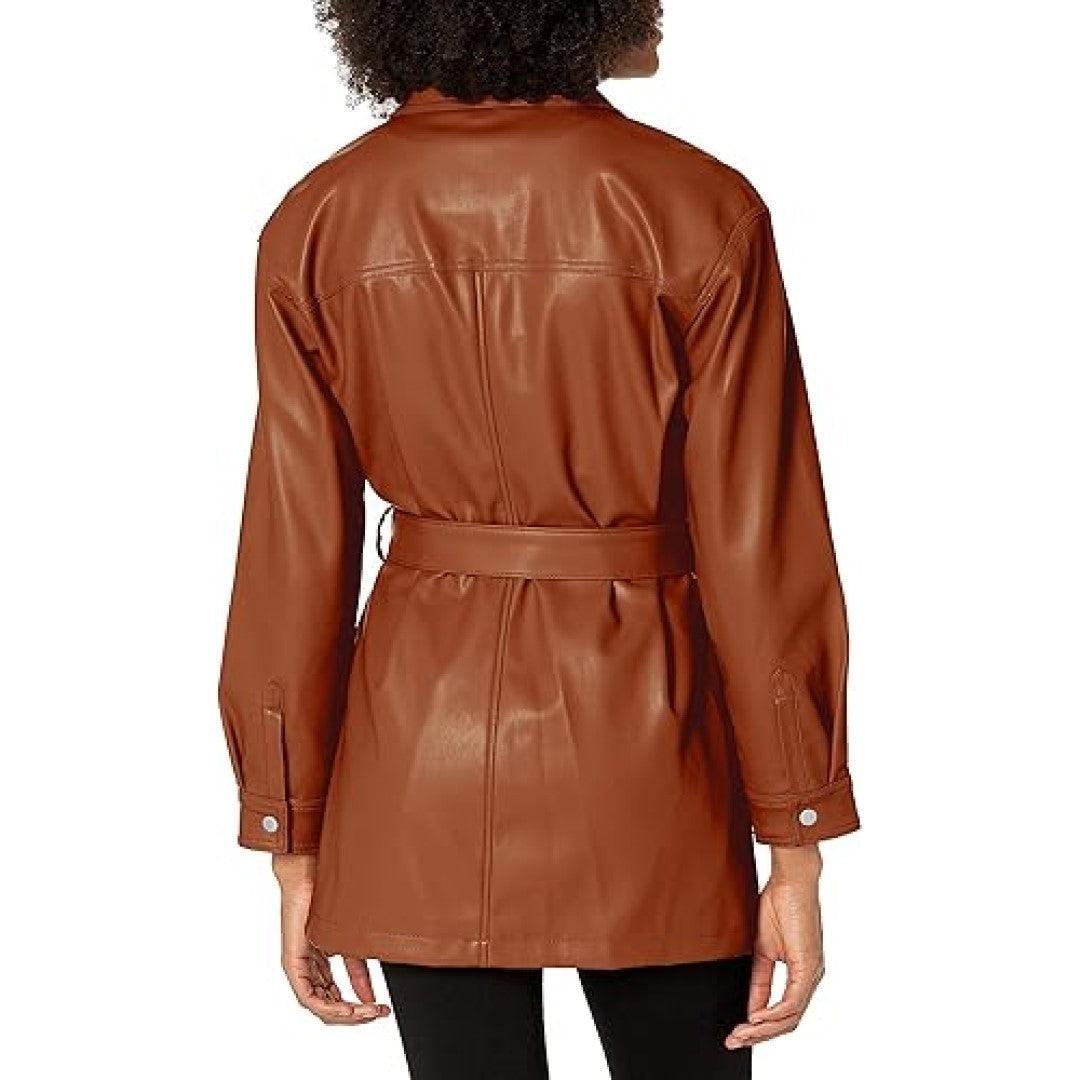 Brown Leather Shirt For Women With Full Zip And Hook&Loop Closer - TheBougees