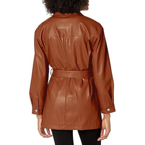 Brown Leather Shirt For Women With Full Zip And Hook&Loop Closer - TheBougees