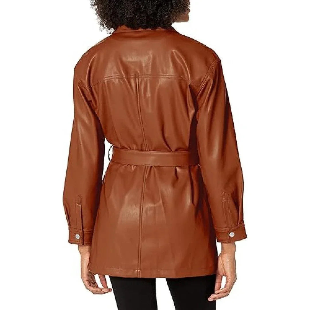 Brown Leather Shirt For Women With Full Zip And Hook&Loop Closer - TheBougees
