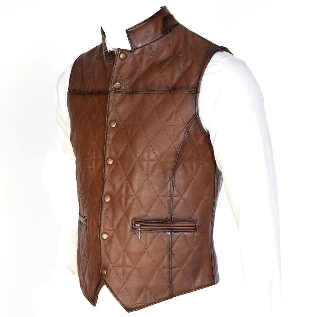 Stylish Leather Vest In Brown Color For Men's - TheBougees