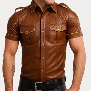 Brown police-style leather jacket for men with contrasting yellow lining