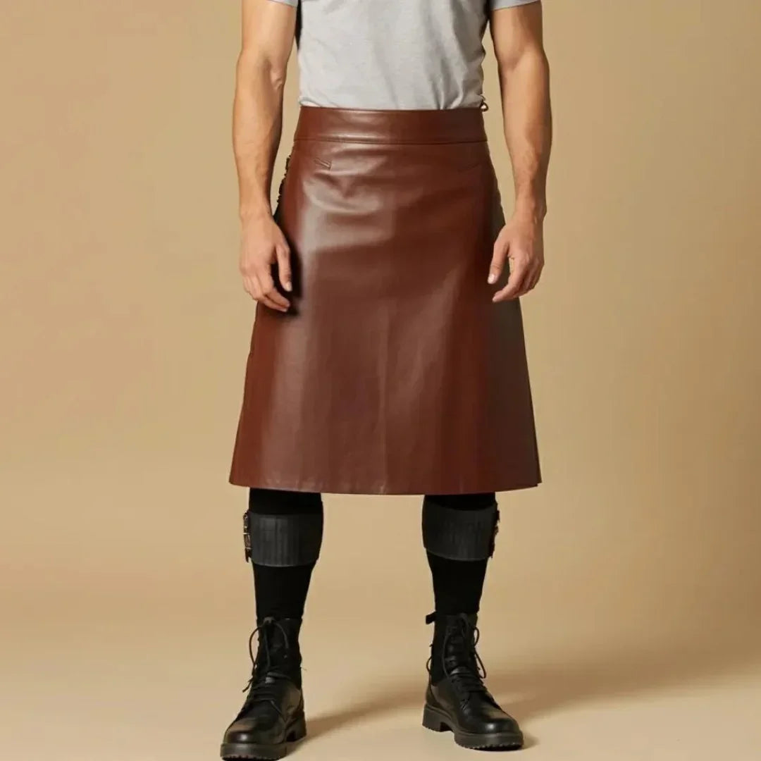 Brown leather skirt for men with black boots and leg wraps, styled with gray tee