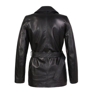 Carissa Womens Black Belted 3/4 Long Leather Coat - TheBougees