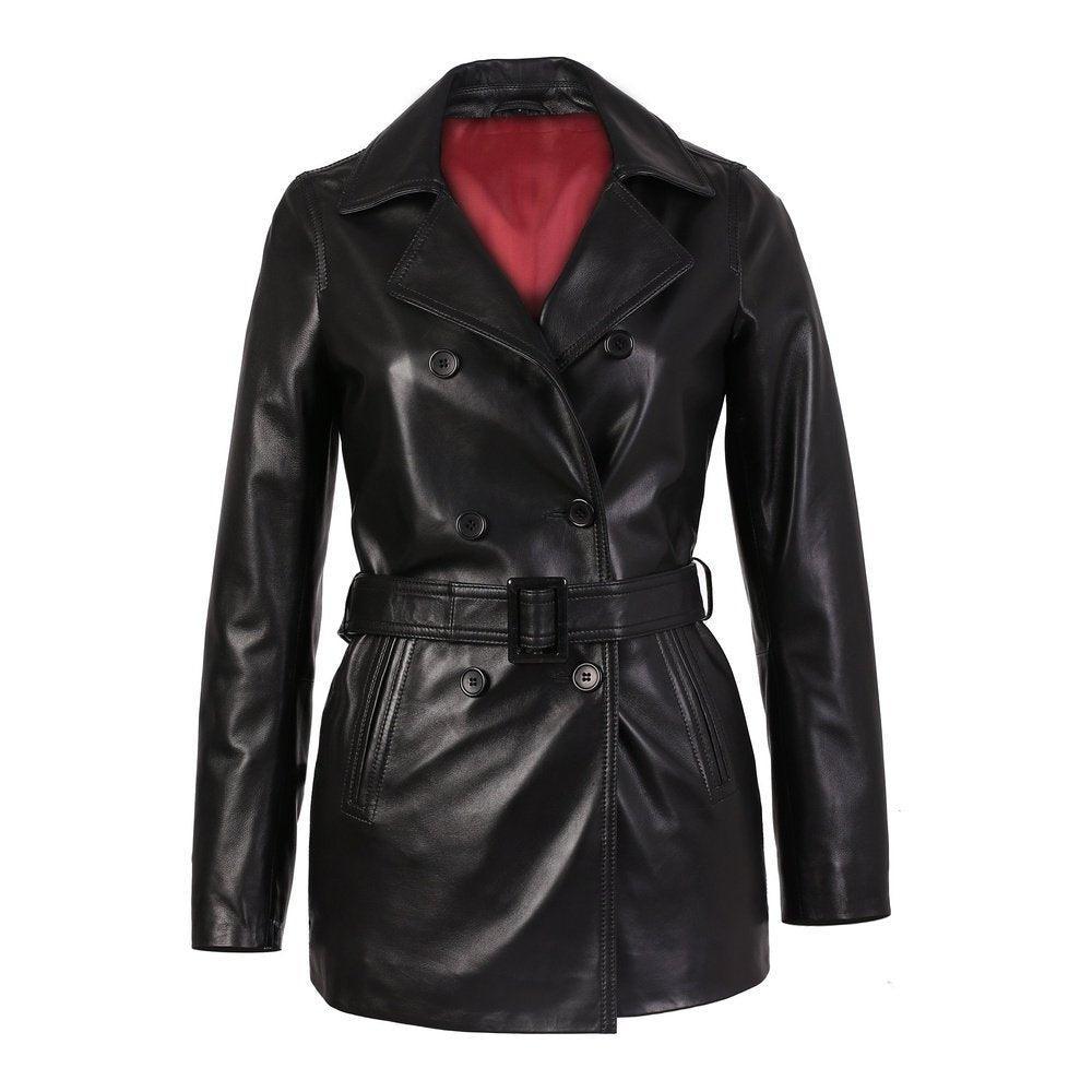 Carissa Womens Black Belted 3/4 Long Leather Coat - TheBougees