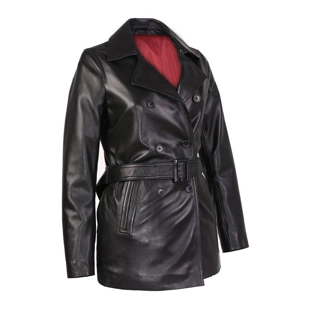 Carissa Womens Black Belted 3/4 Long Leather Coat - TheBougees