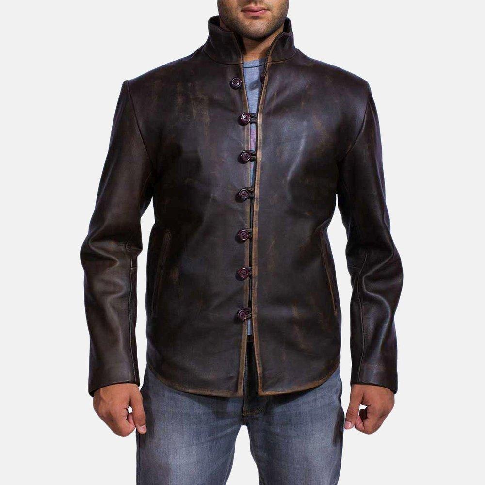 Distressed Brown Leather Jacket with Button Closure - TheBougees