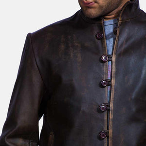 Distressed Brown Leather Jacket with Button Closure - TheBougees
