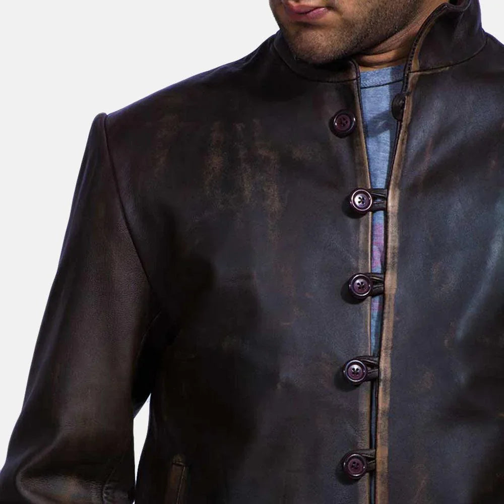 Distressed Brown Leather Jacket with Button Closure - TheBougees