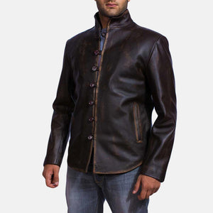 Distressed Brown Leather Jacket with Button Closure - TheBougees