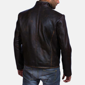 Distressed Brown Leather Jacket with Button Closure - TheBougees