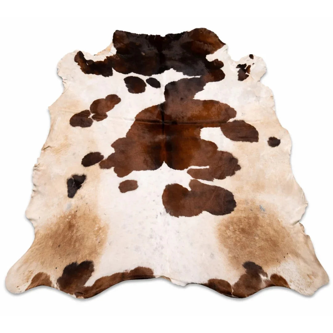Natural cowhide rug with brown and white markings, genuine leather home décor