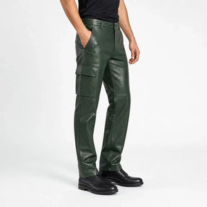 Green leather cargo pants for men with multiple pockets and black boots