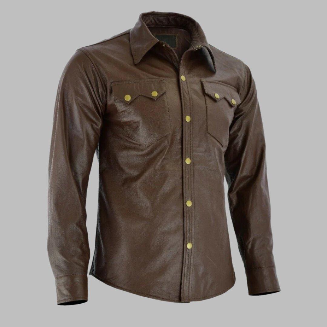 Leather Shirt In Drak Brown For Mens - TheBougees