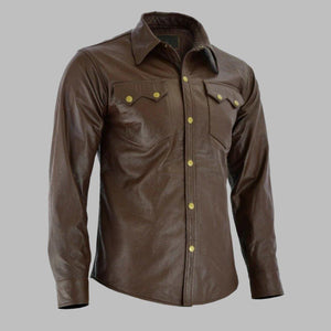 Leather Shirt In Drak Brown For Mens - TheBougees