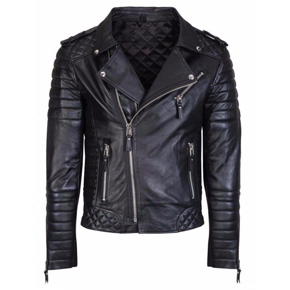 Black Leather Quilt Design Slim Fit Biker Jacket for Men - TheBougees