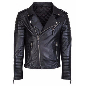 Black Leather Quilt Design Slim Fit Biker Jacket for Men - TheBougees