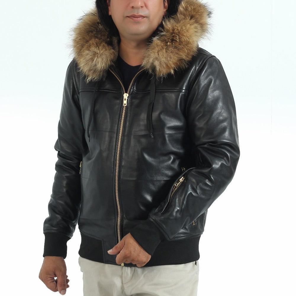 Black Leather Bomber Jacket With Fur on Hood Winter Jacket