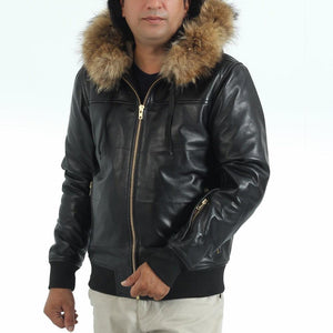 Black Leather Bomber Jackets with Fur on the Hood Winter Jacket - TheBougees