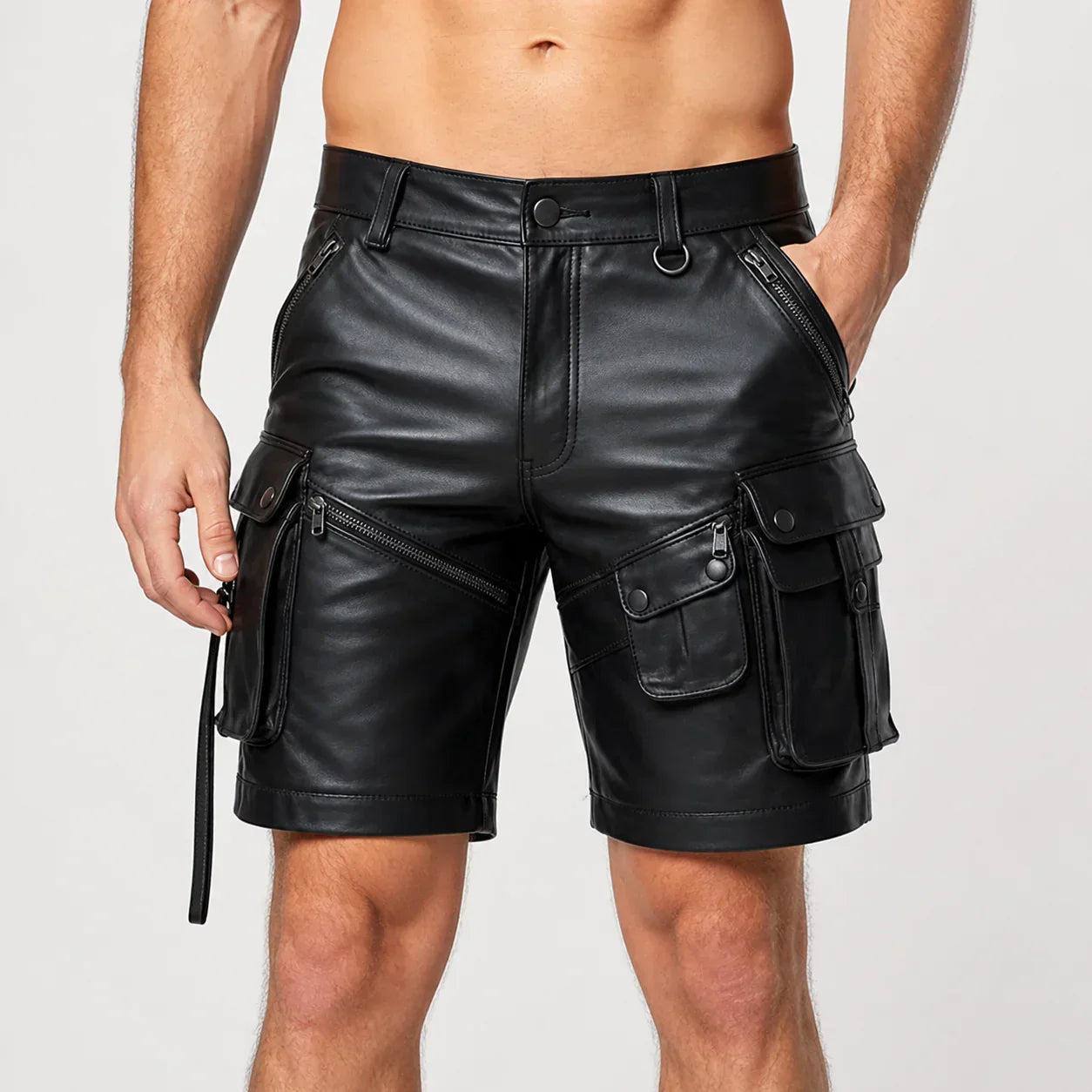 Mens Black Leather Cargo Shorts Genuine Lambskin Biker Style USA