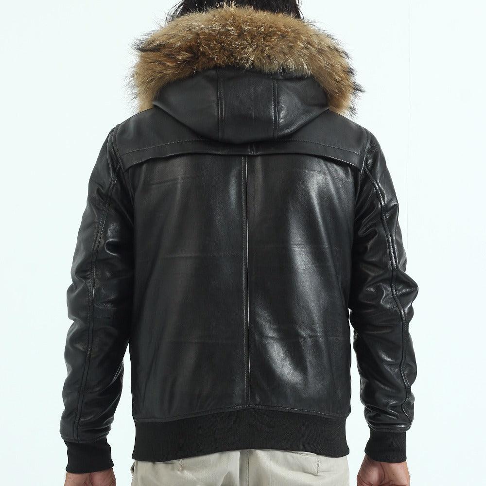 Black Leather Bomber Jackets with Fur on the Hood Winter Jacket - TheBougees
