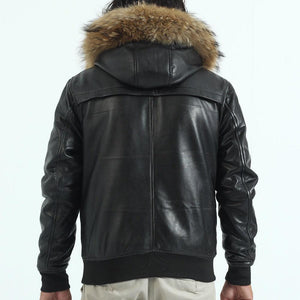 Black Leather Bomber Jackets with Fur on the Hood Winter Jacket - TheBougees