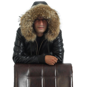 Black Leather Bomber Jackets with Fur on the Hood Winter Jacket - TheBougees