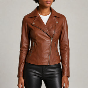 Women's cognac brown leather jacket LJ111 on female model