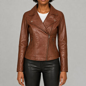 Women's cognac brown leather jacket LJ111 front view size SMALL