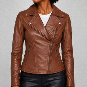 Women's cognac brown leather jacket LJ111 lapel and side zipper detail size SMALL