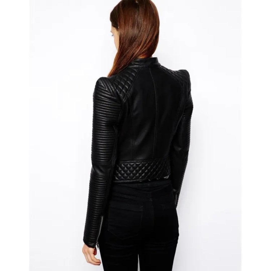 Ladies Band Collar Black Leather Biker Jacket - TheBougees