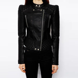 Ladies Band Collar Black Leather Biker Jacket - TheBougees