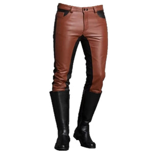 Brown Leather Pants For Men With Black Straps - TheBougees