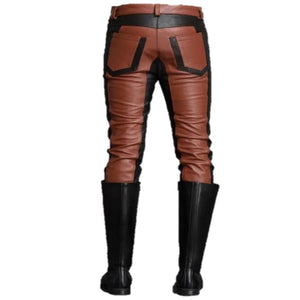 Brown Leather Pants For Men With Black Straps - TheBougees