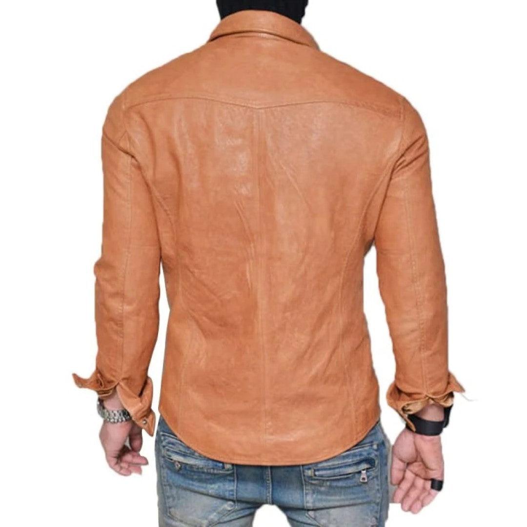 Leather Shirt For Men In Tan Color - TheBougees
