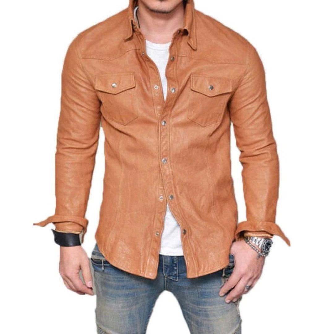 Leather Shirt For Men In Tan Color - TheBougees